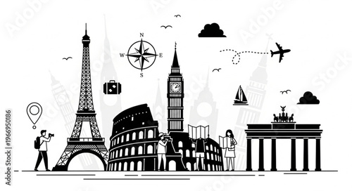 Famous European Landmarks and Travel Icons Silhouette Collection.