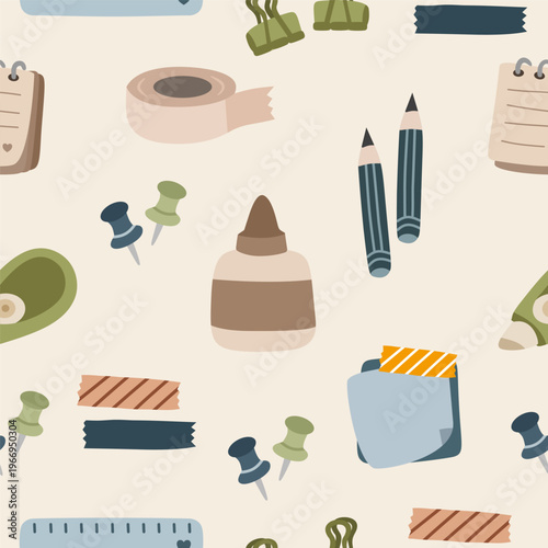 Cute Stationery Seamless Pattern with School and Office Supplies