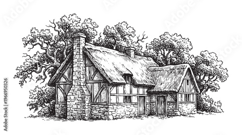 Detailed black and white engraving of a rustic thatched-roof cottage with ink line png
