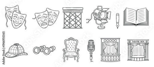 Collection of drama and theater icons featuring masks, stage lights, binoculars, and microphones, perfect for creative projects, posters, or educational resources.