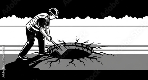 Construction worker digging a hole in the ground with a shovel.