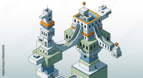 Abstract architectural structure with towers and bridges.