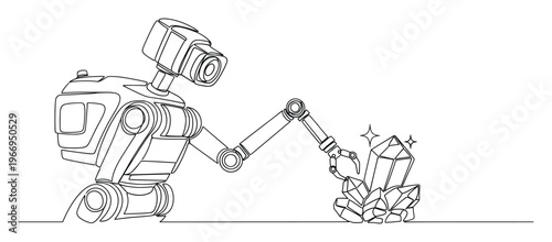 Futuristic robot with an articulated arm carefully collecting shimmering crystals, symbolizing technological innovation, automated resource management, and the future of exploration.