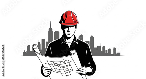 Construction worker with blueprints in front of city skyline.