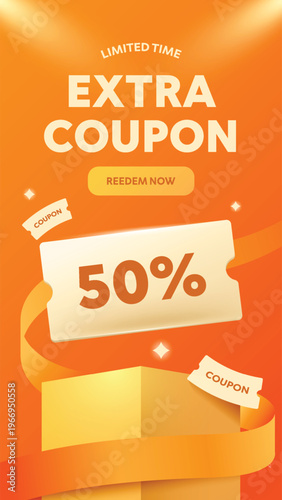 Extra coupon 3d orange podium with ribbon. Social media format promotional design template.