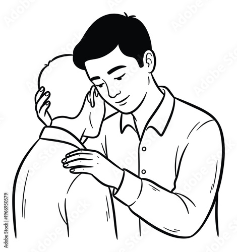 Young man comforting another person with a gentle embrace, showing support and empathy, ideal for mental health awareness campaigns and emotional support graphics