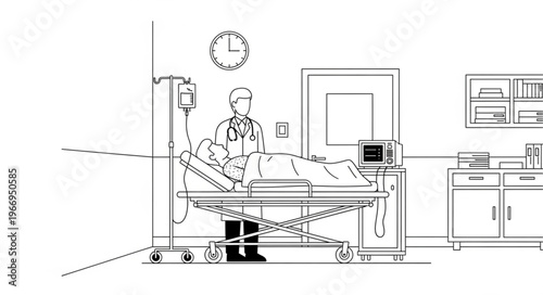 Doctor Attending Patient In Hospital Room With Medical Equipment.