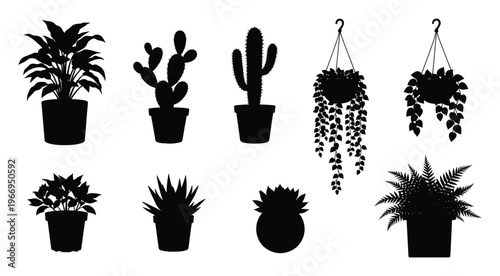 Collection of various potted houseplants and hanging plants depicted as black silhouettes, ideal for home decor concepts, interior design projects, and botanical themed graphic imagery.