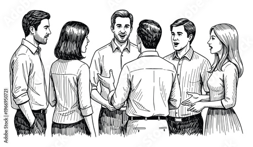 Six adults conversing in an animated group setting, ideal for conveying concepts of business discussion, social interaction, and collaborative teamwork.