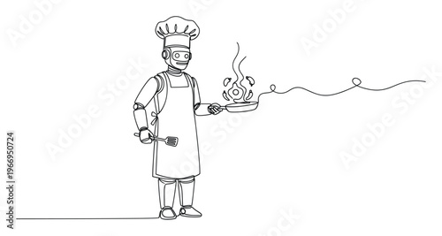 Advanced kitchen automation featuring a robot chef meticulously preparing food with a frying pan and spatula, showcasing future culinary technology for advertising and industry presentations