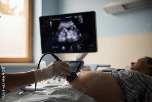 Prenatal Ultrasound Examination Room in Modern Clinic, Pregnancy Care and Medical Diagnostic Environment