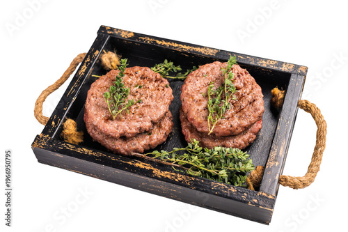 Grilled hamburger mince meat patties with herbs isolated on white background