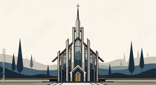 Modern Church Building Architecture With Tall Steeple.