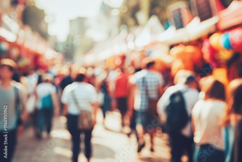 A blurred image of a crowded street market filled with people walking and shopping under bright sunlight.