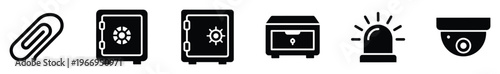 Essential security and office administration icon set featuring symbols like a paperclip, strongbox, emergency siren, and surveillance camera, ideal for various digital and print media