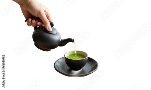 Matcha tea pouring ceremony with ceramic teapot and cup on a transparent background