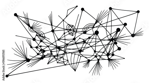 This complex abstract graphic depicts an interconnected network of black dots and lines, resembling a neural structure or a scientific diagram, perfect for technology presentations,