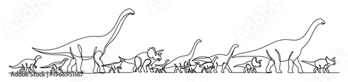 A continuous line drawing depicts a diverse group of prehistoric dinosaurs, including longnecked sauropods and a triceratops, marching together, ideal for educational content, childrens