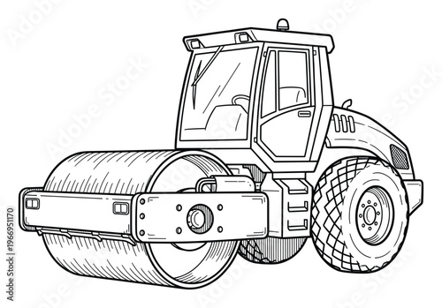 Line drawing of a road roller, a heavy construction vehicle, for engineering and infrastructure projects and educational materials about industrial machinery