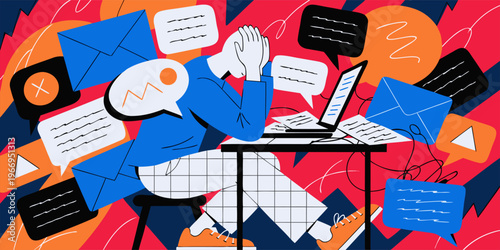 A stressed businessman sits at a desk surrounded by emails and messages on a laptop