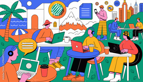 A vibrant illustration of people working remotely in a scenic outdoor setting with laptops and coffee