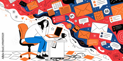 A stressed woman sits at a desk surrounded by chaotic digital communication icons and paperwork