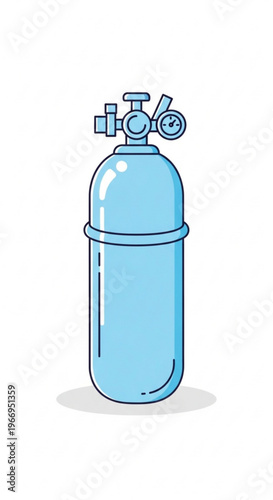 Light blue oxygen tank with regulator and gauge medical equipment for breathing assistance