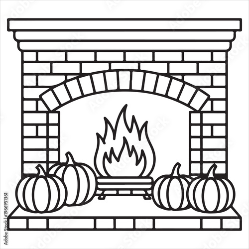 A black and white drawing of pumpkins by a fireplace