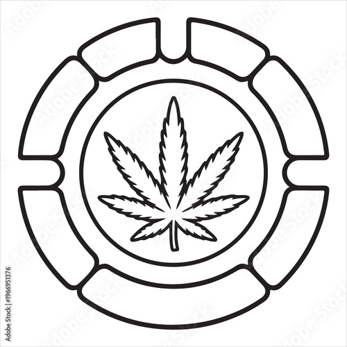 A black and white image of a marijuana leaf in an ashtray