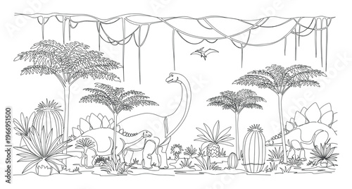 Detailed line drawing of a prehistoric jungle scene with a Brachiosaurus, Stegosaurus, young dinosaur, and Pterodactyl among plants and vines, excellent for educational and childrens