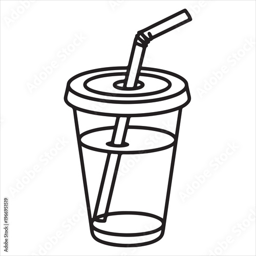 A black and white drawing of a cup with a straw