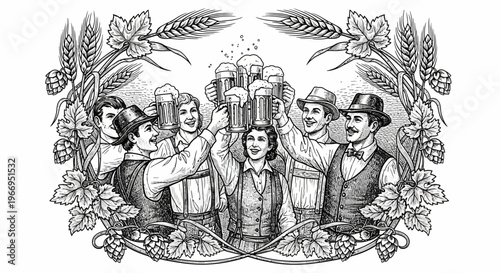 Vintage illustration of people toasting with beer mugs surrounded by hops and barley