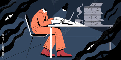 A stressed man sits at a desk surrounded by papers and darkness