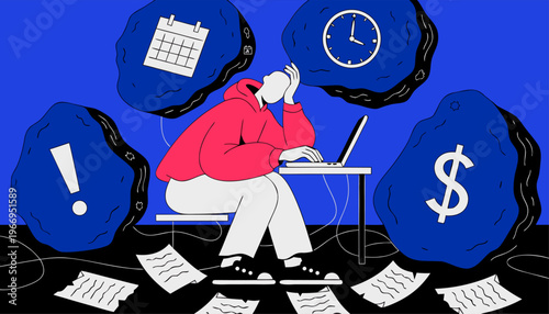 A stressed person sits at a desk surrounded by deadlines and financial worries