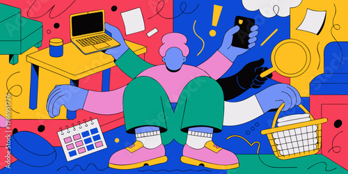A colorful illustration of a person multitasking with various devices and objects in a playful, chaotic environment.