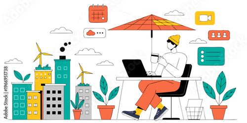 A man works remotely on his laptop under a colorful umbrella in a vibrant urban environment with wind turbines and potted plants.