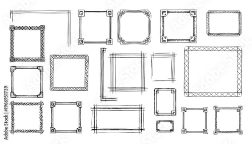 A collection of hand drawn sketchy frames and borders with various decorative styles for enhancing documents invitations and scrapbook projects