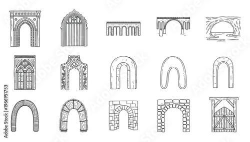 Collection of diverse hand drawn architectural archways, vintage gates, and historic bridge structures suitable for antique building projects, game asset creation, or educational materials.