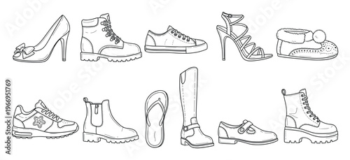 A diverse collection of various footwear types including elegant heels, sturdy boots, casual sneakers, and comfortable slippers, perfect for illustrating style guides or shoe store