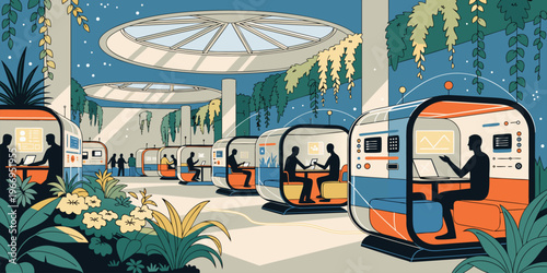 A futuristic illustration of people working in a modern, high-tech office with a natural atmosphere