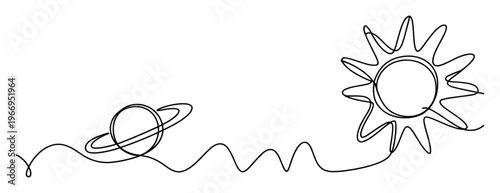 Minimalist continuous line drawing of a ringed planet and a sun connected by a wavy line, suitable for astronomy themes, scientific presentations, or modern educational graphics.