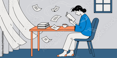 A woman sits at a desk surrounded by papers and books, reading a document while enjoying a cup of coffee in a peaceful indoor setting.