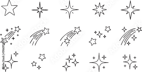 Varied styles of artistic stars and shooting stars in hand-drawn sketches