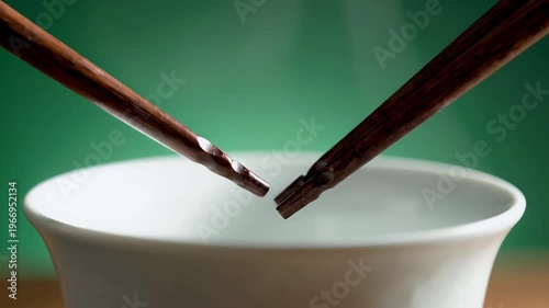 Chopsticks Dipping into a White Bowl Macro Shot on Green Backdrop