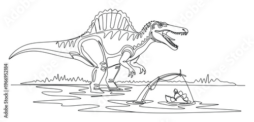 Prehistoric Spinosaurus dinosaur rendered in a unique continuous line drawing style, standing in water near a fishing rod with bait, ideal for educational resources and nature projects.