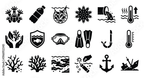 Essential icon collection depicting ocean conservation, marine ecosystem threats, underwater diving activities, and aquatic environmental challenges for educational and awareness programs