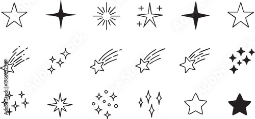 A collection of various star and shooting star icon designs in a grid layout