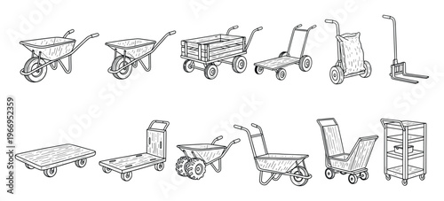 Comprehensive collection of various utility carts, hand trucks, and wheelbarrows for transportation and material handling applications in industrial or garden settings.
