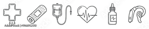 Essential healthcare and medical icons set featuring a first aid cross, adhesive bandage, intravenous drip, heart heartbeat, medicine dropper, and hearing device, ideal for health