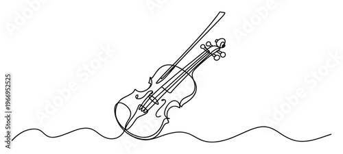 Dynamic one line drawing of a classical string instrument violin and its bow perfect for presentations, event invitations, music school promotions, or performance posters.